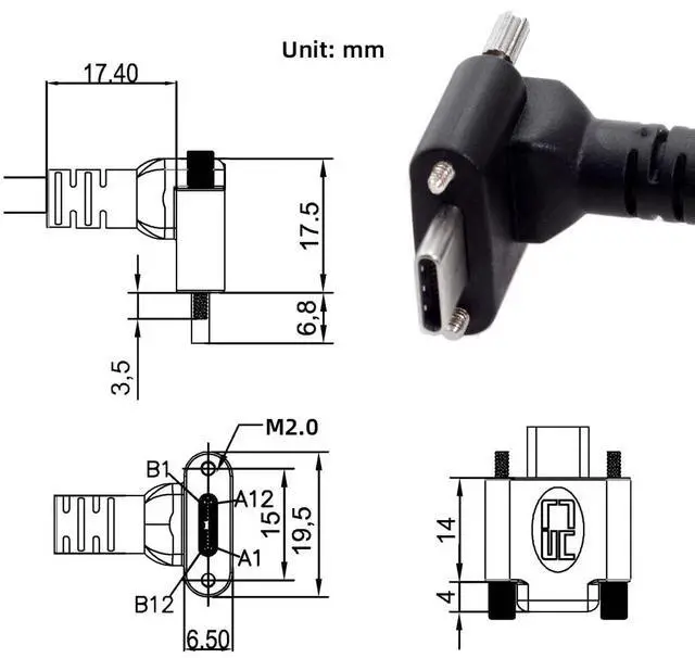 Alt view image 6 of 7 - USB 3.0 to USB C 90 Degree Angled Data Cable with Panel Mount Screw for Industrial Camera 0.3M