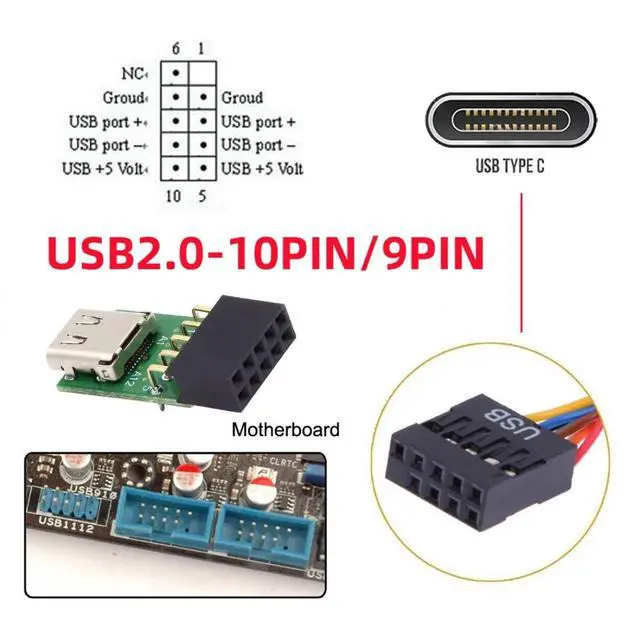 Alt view image 5 of 7 - USB 2.0 Front Panel Header 9Pin/10Pin to USB C Female Mainboard Header Extension Adapter