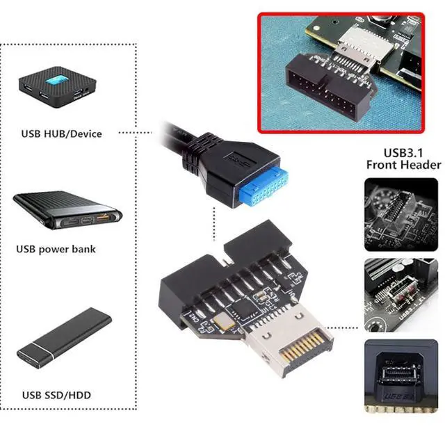 Alt view image 7 of 7 - USB 3.2 Type E Front Panel Header Male to USB 3.0 19Pin Female 10Gbps Mainboard Header Extension Adapter with HUB Chipset