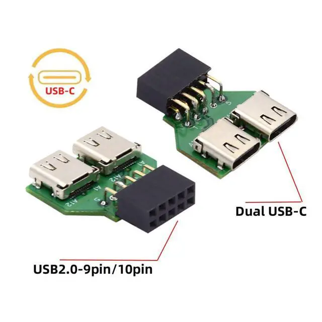 Alt view image 3 of 7 - USB 2.0 Front Panel Header 9Pin/10Pin 1 to 2 USB C Female Mainboard Header Extension Adapter