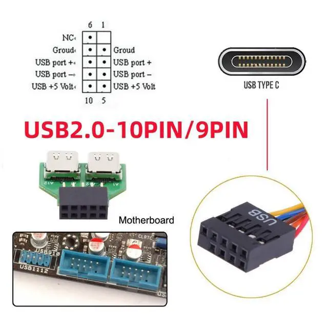 Alt view image 5 of 7 - USB 2.0 Front Panel Header 9Pin/10Pin 1 to 2 USB C Female Mainboard Header Extension Adapter