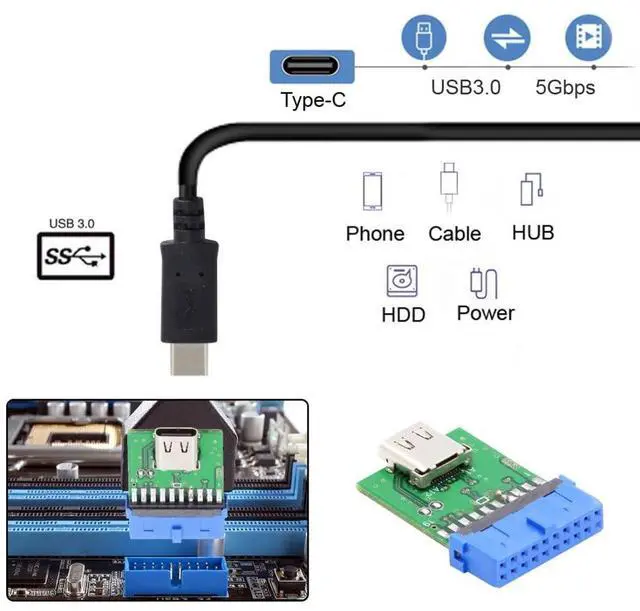 Alt view image 2 of 7 - USB 3.0 Front Panel Header 19Pin/20Pin to USB C Female Mainboard Header Extension Adapter