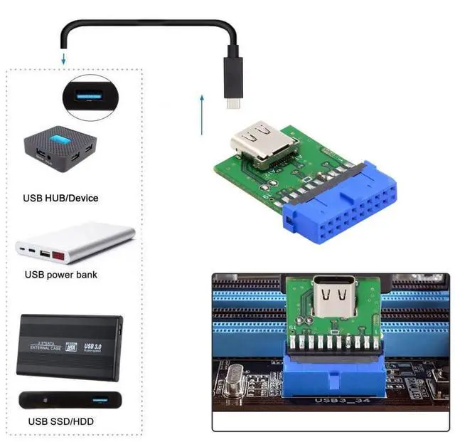 Alt view image 3 of 7 - USB 3.0 Front Panel Header 19Pin/20Pin to USB C Female Mainboard Header Extension Adapter