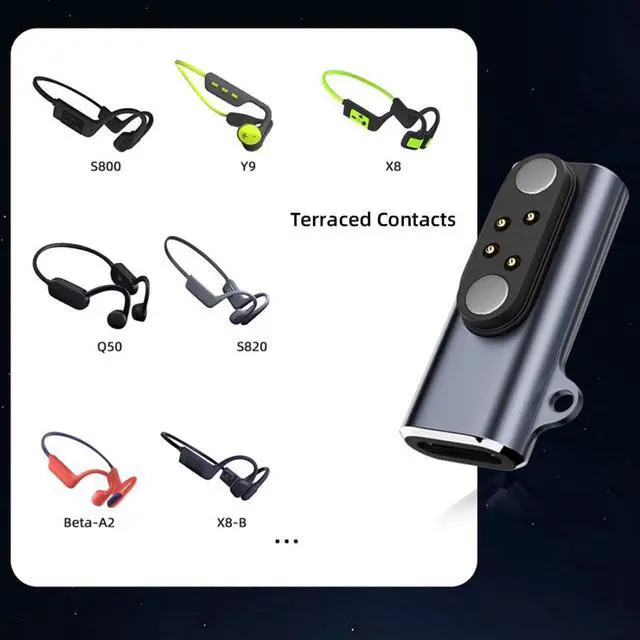 Alt view image 4 of 7 - 2 Pack USB C to Bone Conduction Headphone Charger Magnetic Charging Adapter for Pitch 2.5mm 4Pin Terraced & Square Contacts
