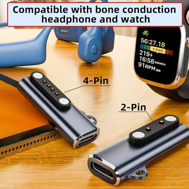 Alt view image 2 of 7 - 2 Pack USB C to Smart Watch Charger Magnetic Charging Adapter for Pitch 7.62mm 2Pin/4Pin Smart Watch/Bone Conduction Headphone