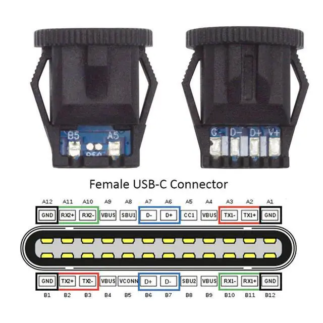 Alt view image 3 of 7 - 5 Pack USB C DIY Connector, USB C 6Pin PD 65W Charging Flush Mount Female Socket Port Repair Replacement Solder Adapter