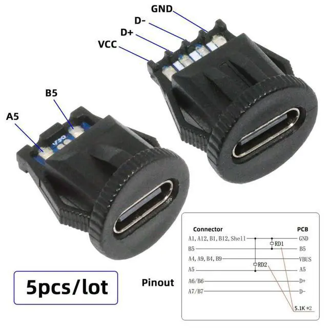 Alt view image 2 of 7 - 5 Pack USB C DIY Connector, USB C 6Pin PD 65W Charging Flush Mount Female Socket Port Repair Replacement Solder Adapter