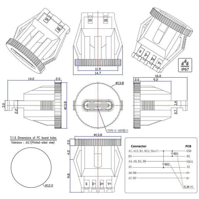 Alt view image 6 of 7 - 5 Pack USB C DIY Connector, USB C 6Pin PD 65W Charging Flush Mount Female Socket Port Repair Replacement Solder Adapter