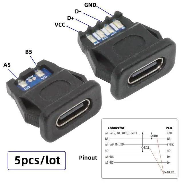 Alt view image 2 of 7 - 5 Pack USB C DIY Connector, USB C 6Pin PD 65W Charging Flush Mount Rectangle Female Socket Port Repair Replacement Solder Adapter