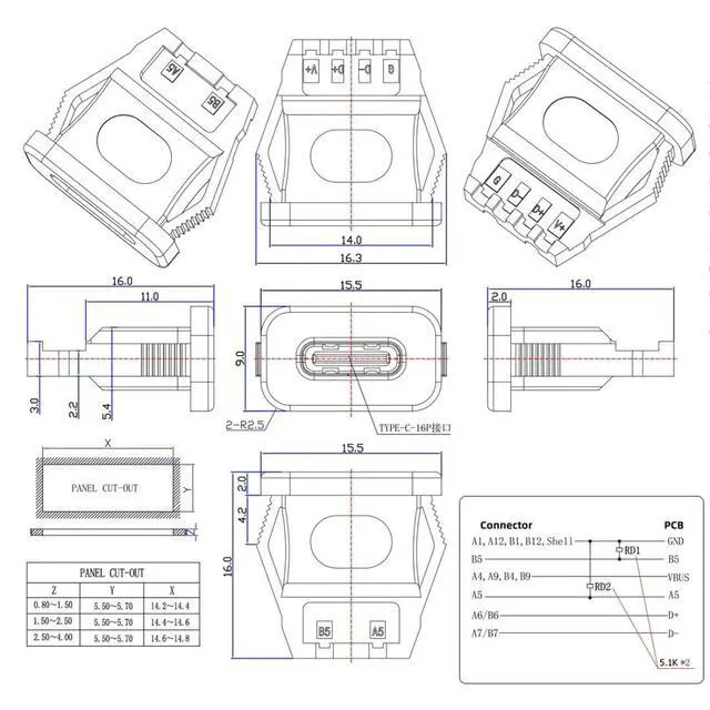 Alt view image 6 of 7 - 5 Pack USB C DIY Connector, USB C 6Pin PD 65W Charging Flush Mount Rectangle Female Socket Port Repair Replacement Solder Adapter