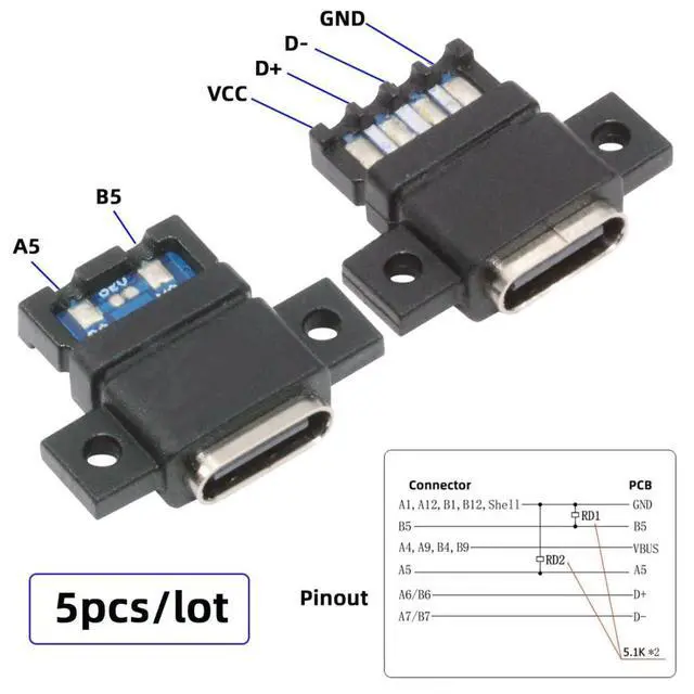Alt view image 2 of 7 - 5 Pack USB C DIY Connector, USB C 6Pin PD 65W Charging Female Socket Port Repair Replacement Solder Adapter with Scew Mount Holes Flat Type