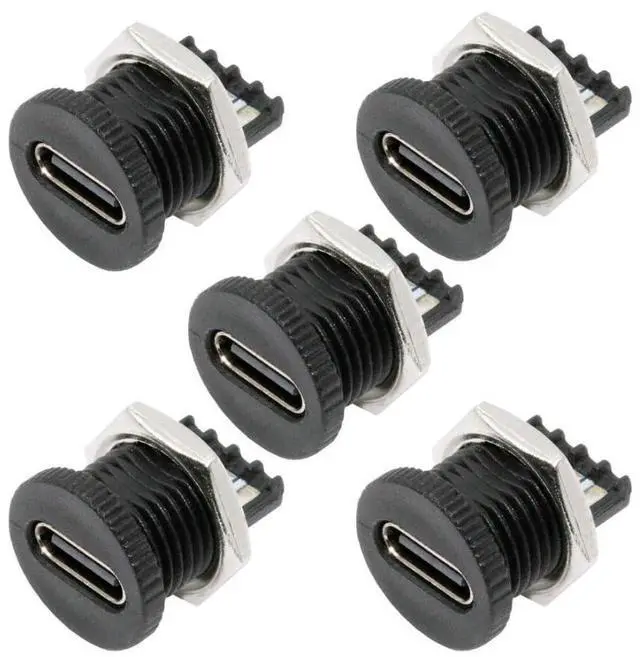 Main image of 5 Pack USB C DIY Connector, USB C 6Pin PD 65W Charging Flush Mount Female Socket Port Repair Replacement Solder Adapter with Nut