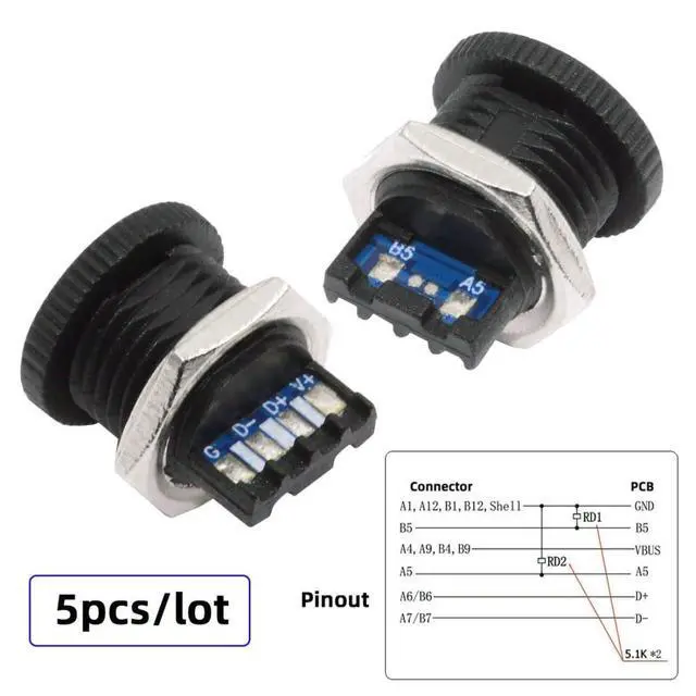 Alt view image 2 of 7 - 5 Pack USB C DIY Connector, USB C 6Pin PD 65W Charging Flush Mount Female Socket Port Repair Replacement Solder Adapter with Nut
