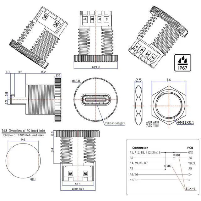 Alt view image 6 of 7 - 5 Pack USB C DIY Connector, USB C 6Pin PD 65W Charging Flush Mount Female Socket Port Repair Replacement Solder Adapter with Nut