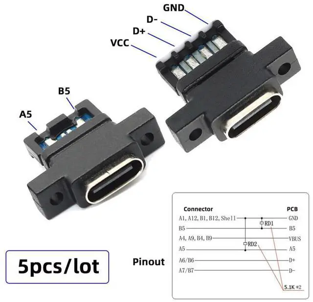 Alt view image 2 of 7 - 5 Pack USB C DIY Connector, USB C 6Pin PD 65W Charging Female Socket Port Repair Replacement Solder Adapter with Scew Mount Holes