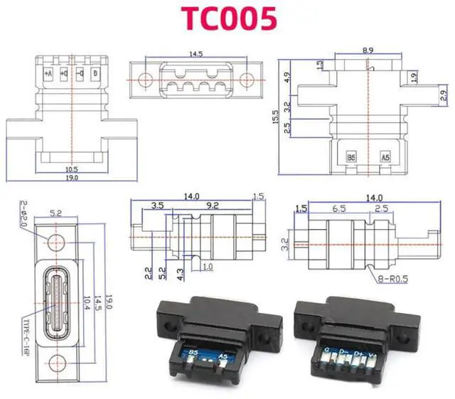 Alt view image 6 of 7 - 5 Pack USB C DIY Connector, USB C 6Pin PD 65W Charging Female Socket Port Repair Replacement Solder Adapter with Scew Mount Holes