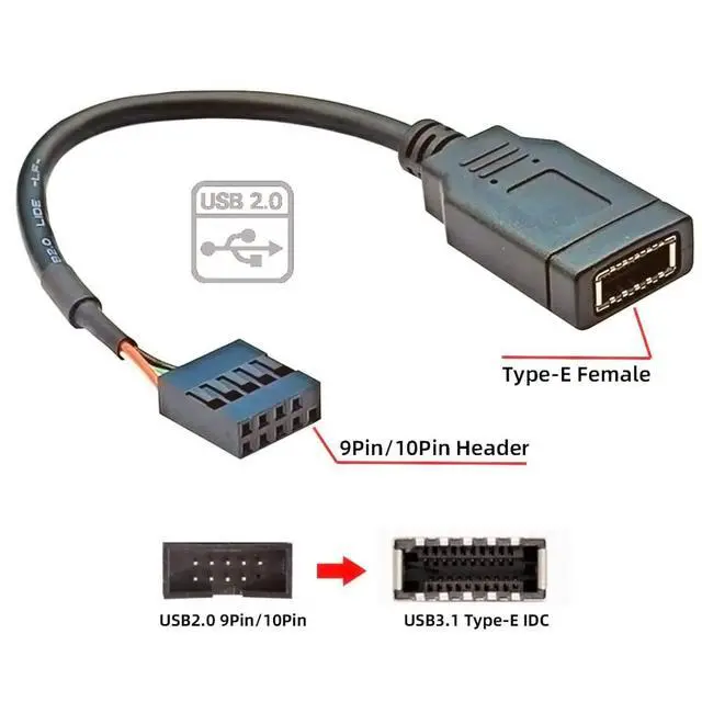 Alt view image 7 of 7 - USB 2.0 9Pin Male to USB 3.1 Type E Key-A Female Front Panel Socket to 9Pin Mainboard Header Extension Cable 0.49FT