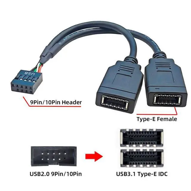 Alt view image 7 of 7 - USB 2.0 9Pin Male 1 to 2 USB 3.1 Type E Key-A Female Front Panel Socket to 9Pin Mainboard Header Extension Cable 0.49FT