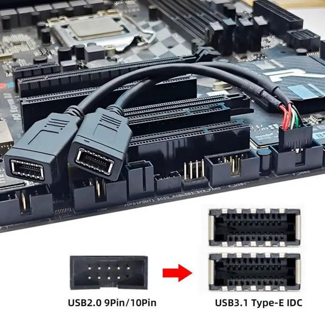 Alt view image 3 of 7 - USB 2.0 9Pin Male 1 to 2 USB 3.1 Type E Key-A Female Front Panel Socket to 9Pin Mainboard Header Extension Cable 0.49FT
