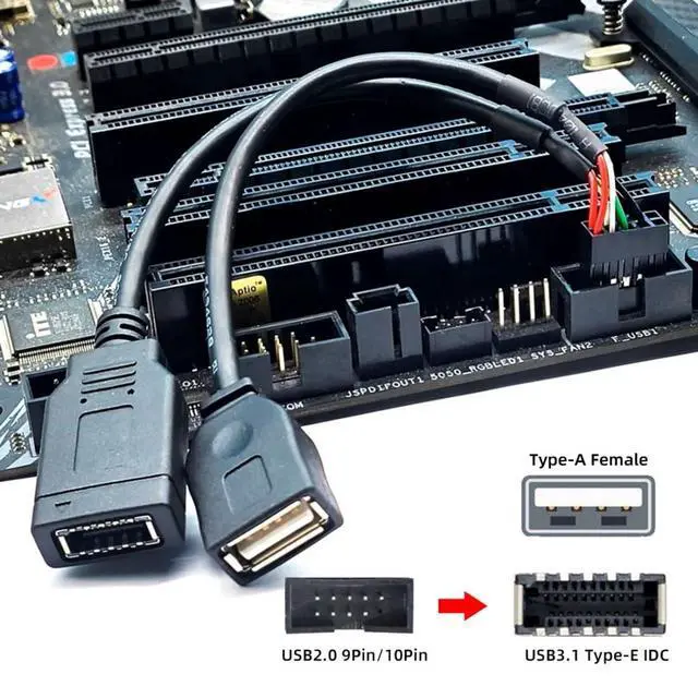 Alt view image 3 of 7 - USB 2.0 9Pin Male 1 to 2 USB 2.0/USB 3.1 Type E Key-A Female Front Panel Socket to 9Pin Mainboard Header Extension Cable 0.49FT