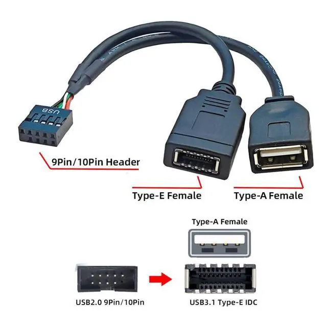 Alt view image 7 of 7 - USB 2.0 9Pin Male 1 to 2 USB 2.0/USB 3.1 Type E Key-A Female Front Panel Socket to 9Pin Mainboard Header Extension Cable 0.49FT