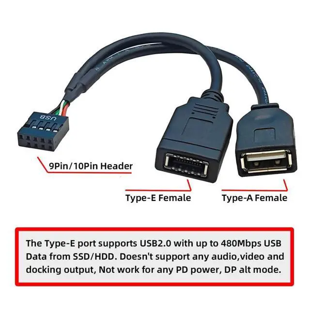 Alt view image 6 of 7 - USB 2.0 9Pin Male 1 to 2 USB 2.0/USB 3.1 Type E Key-A Female Front Panel Socket to 9Pin Mainboard Header Extension Cable 0.49FT