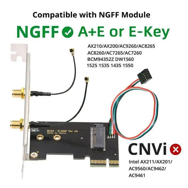 Alt view image 2 of 7 - PCI-E X1 to NGFF A+E/E-Key Wireless Network Card PCI Express Expansion Card Adapter with Dual Antenna for Wifi5 Wifi6 Wifi6E,Bluetooth 5.3(USB Port),Supports Windows 11/10
