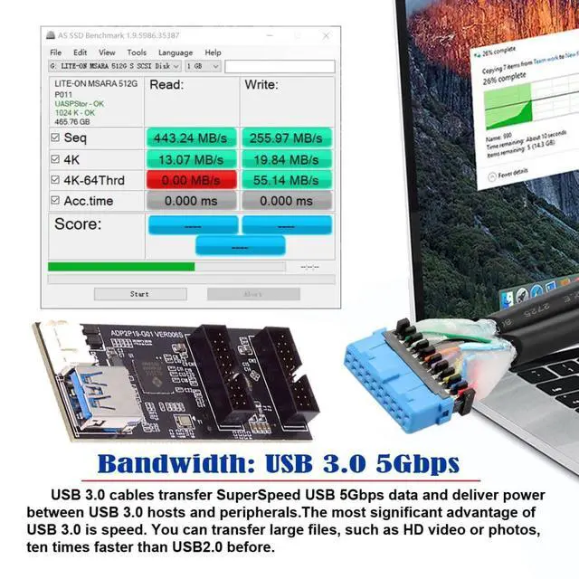 Alt view image 5 of 6 - USB 3.0 19/20Pin 1 to 2 USB 3.0 19/20Pin HUB Port Multiplier PCBA Adapter with SATA Power Cable