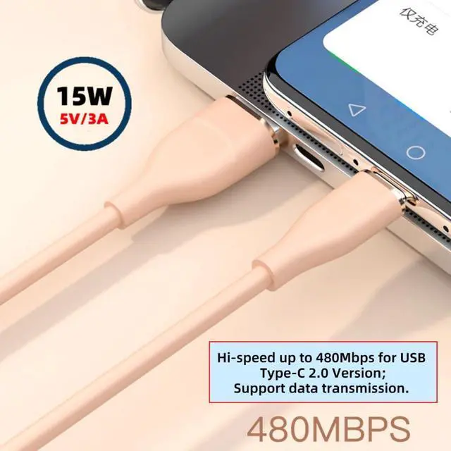 Alt view image 2 of 7 - USB A to C Silicone Cable,USB 2.0 Type C PD 15W Fast Charge Data Extension Cable Compatible with iPhone 15 Black 6.56FT/2.0M