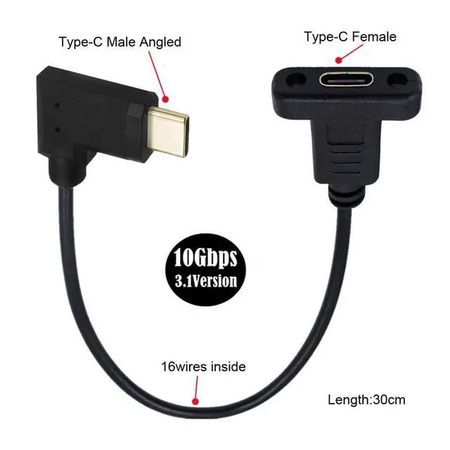 Alt view image 6 of 7 - USB 3.1 Gen 2 10Gbps USB C Male to Female 90 Degree Right Angled Fast Charging Data Video Transfer Extension Cable with Panel Mount Hole 0.3M
