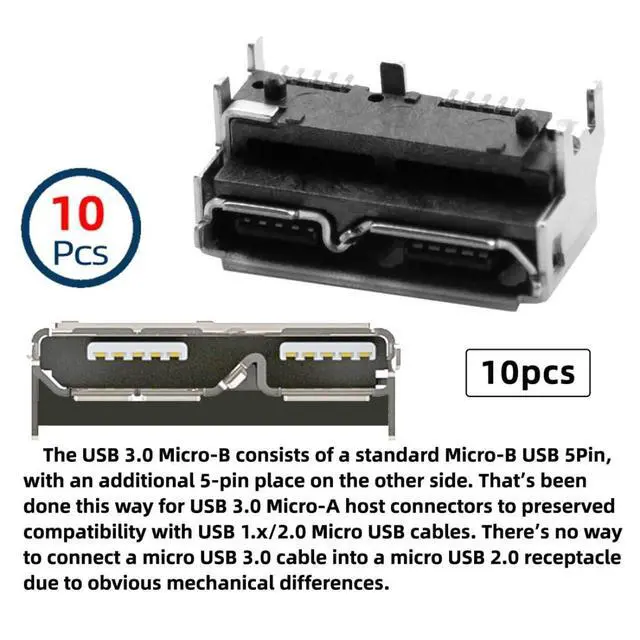 Alt view image 3 of 7 - 10 Pack USB 3.0 Micro-B DIY Connector, Thickness 5.2mm Micro USB 3.0 10Pin Female Socket Port Repair Replacement Solder Adapter
