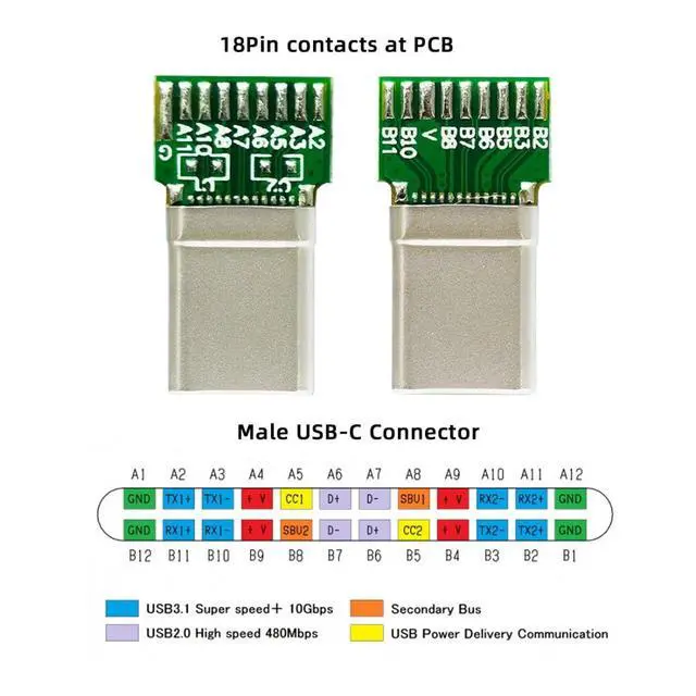 Alt view image 4 of 7 - 2 Pack USB C DIY Connector, USB 3.1 Type C PD 65W 18Pin Male Plug Female Socket Port Repair Replacement Solder Adapter with PCB Board