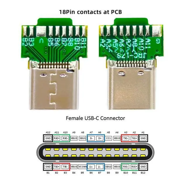 Alt view image 3 of 7 - 2 Pack USB C DIY Connector, USB 3.1 Type C PD 65W 18Pin Male Plug Female Socket Port Repair Replacement Solder Adapter with PCB Board