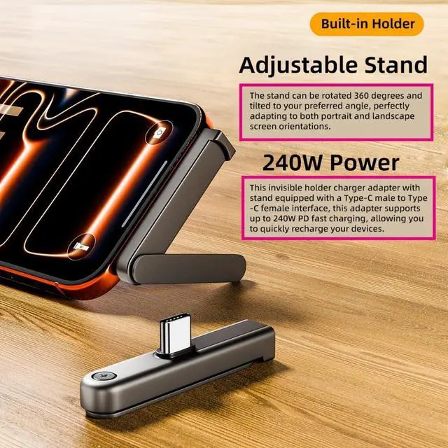 Alt view image 3 of 7 - USB C Invisible Folding Stand Charging Adapter,USB 2.0 Type C Male to Female PD 15W/240W Fast Charging Adapter Compatible with iPhone 17