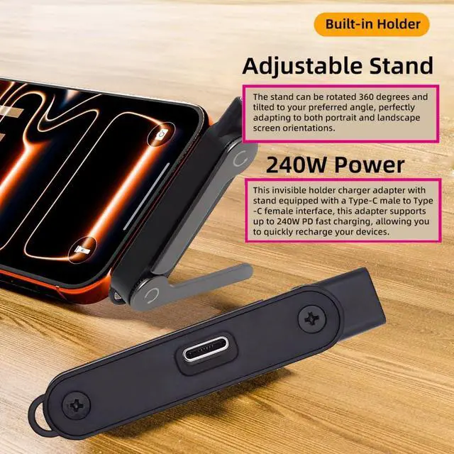 Alt view image 3 of 7 - USB C 2 in 1 Invisible Folding Stand Charging Adapter,USB 2.0 Type C Male to Female PD 15W/240W Fast Charging Adapter Compatible with iPhone 17