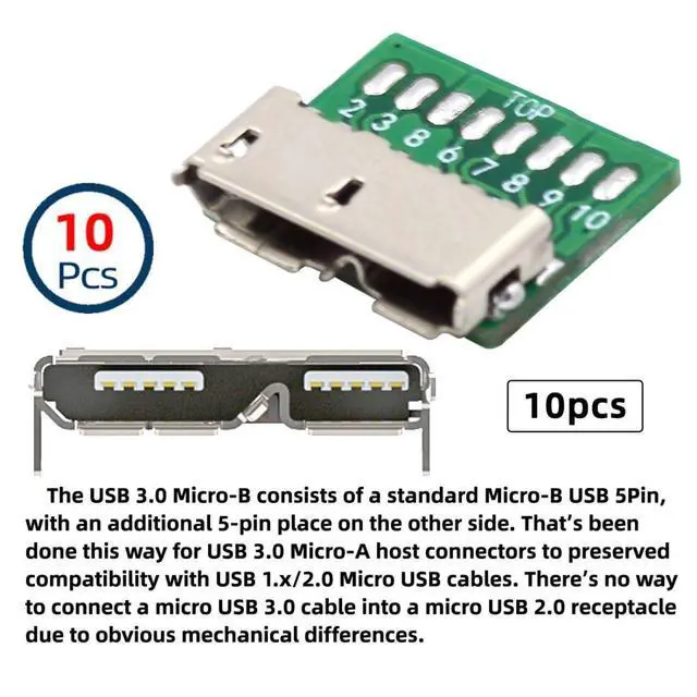 Alt view image 2 of 7 - 10 Pack USB 3.0 Micro-B DIY Connector Micro USB 3.0 10Pin Female Socket Port Repair Replacement Solder Adapter