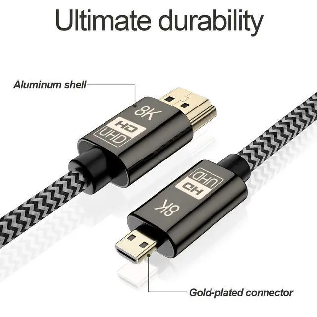 Alt view image 5 of 6 - CY Micro HDMI Cable,Micro HDMI Male to HDMI 2.1 Male Ultra-HD UHD 8K 60hz 4K 120hz 48Gbs Cable 1.5M