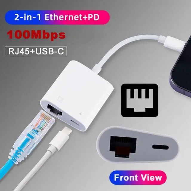 Alt view image 2 of 7 - 2 in 1 USB C to RJ45 100Mbps Networking Adapter with PD 24W Charge for Laptop Tablet Phone