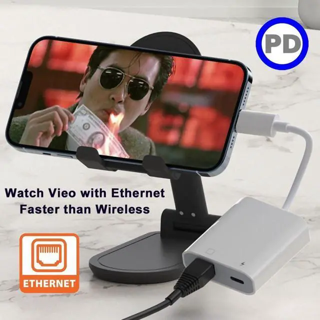Alt view image 6 of 7 - 2 in 1 USB C to RJ45 100Mbps Networking Adapter with PD 24W Charge for Laptop Tablet Phone