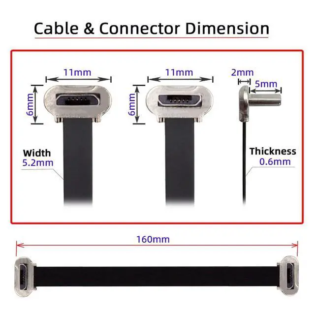 Alt view image 6 of 7 - Micro USB Short Flat Cable, USB 2.0 Micro USB 5Pin Dual 90 Degree Angled 5V2A Fast Charge Data Extension Cable 0.52FT