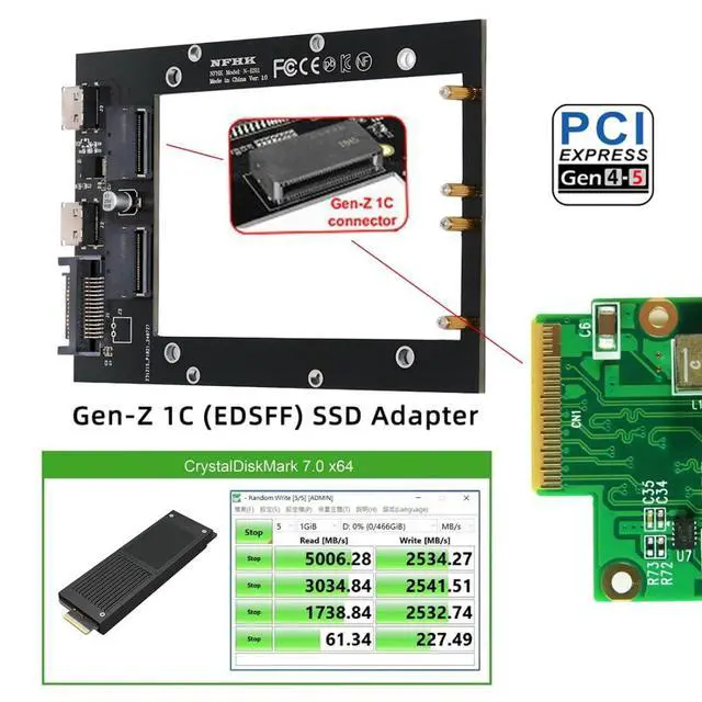 Alt view image 2 of 7 - PCI Express 5.0/4.0 Dual Oculink SFF-8611 4i to Dual Gen-Z 1C (EDSFF) E1.S SSD Adapter with SATA Power Port for 9.5/15/25mm EDSFF 1U Short SSD with Heat Sink