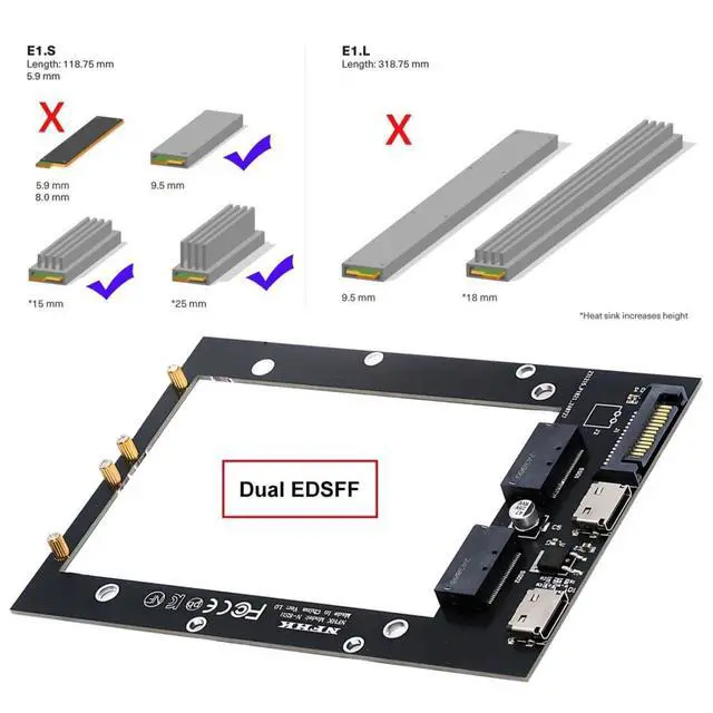 Alt view image 6 of 7 - PCI Express 5.0/4.0 Dual Oculink SFF-8611 4i to Dual Gen-Z 1C (EDSFF) E1.S SSD Adapter with SATA Power Port for 9.5/15/25mm EDSFF 1U Short SSD with Heat Sink