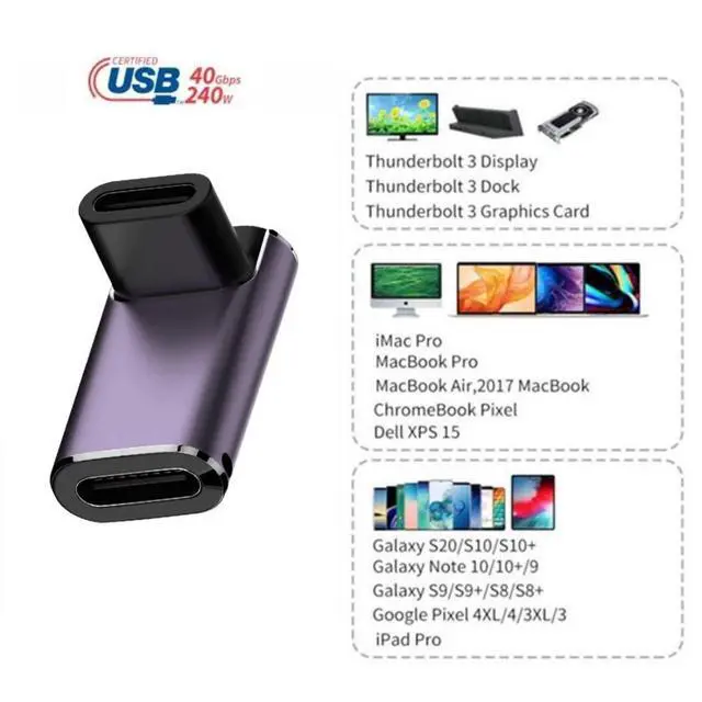 Alt view image 3 of 6 - USB C Connector,USB4 Type C Female to Female 240W Power 40Gbps Data 8K Video Adapter 90 Degree Angled for NS Phone Laptop
