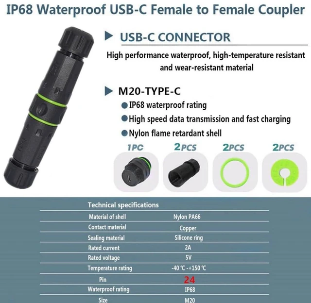 Alt view image 5 of 7 - USB C Waterproof Coupler,IP68 USB 3.1 Type-C 10Gbps Female to Female Data/Power Outdoor Cable Extension Waterproof Adapter