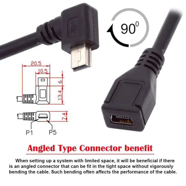 Alt view image 5 of 7 - Mini USB Extension Cable, USB 2.0 Mini USB 5Pin Male to Female 90 Degree Left Angled Power Charging Data Transfer Extension Cable Adapter 0.98ft for Dash Cam/GPS/Microphone