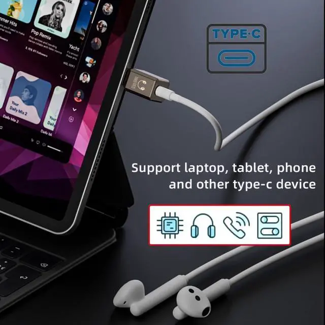 Alt view image 2 of 7 - USB C to 3.5mm Headphone Jack Adapter Support Hi-Res 32bits 384KHz HiFi Sound Quality with DAC Chip