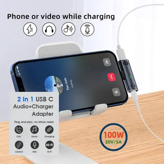 Alt view image 7 of 7 - 2 in 1 USB C to Audio and Charger Adapter,USB C to 3.5mm Headphone Jack and PD 100W Fast Charging Support Charge & Music at Same time