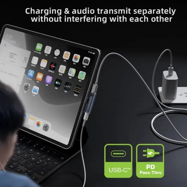 Alt view image 3 of 7 - 2 in 1 USB C to Audio and Charger Adapter,USB C to 3.5mm Headphone Jack and PD 100W Fast Charging Support Charge & Music at Same time