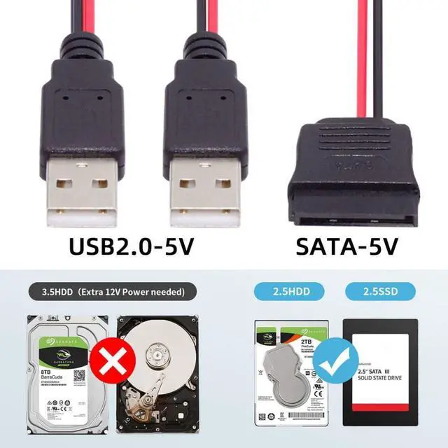 Alt view image 2 of 7 - SATA 15Pin 1 to 2 USB 2.0 Power 5V 2A Cable for 2.5 inch SATA HDD SSD Disk Driver