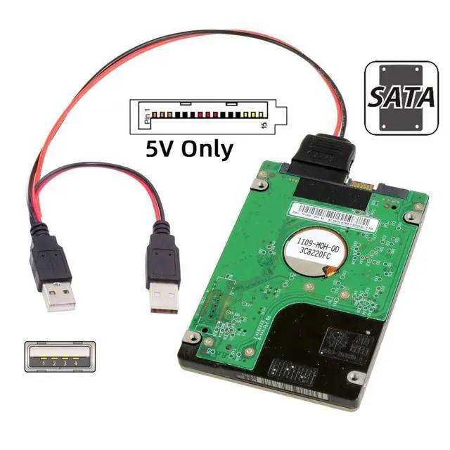Alt view image 3 of 7 - SATA 15Pin 1 to 2 USB 2.0 Power 5V 2A Cable for 2.5 inch SATA HDD SSD Disk Driver